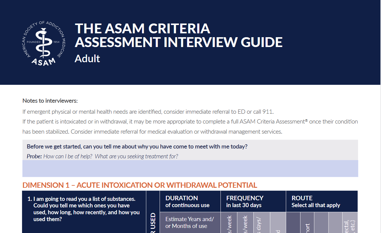 Screenshot of the ASAM Criteria Assessment Interview Guide