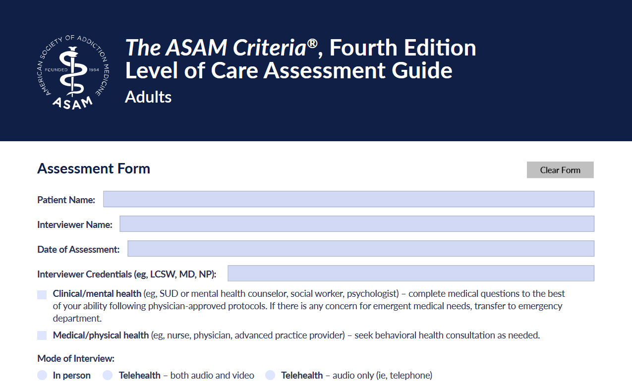 Screenshot of the ASAM Criteria Assessment Fourth Edition Level of Care Assessment Guide